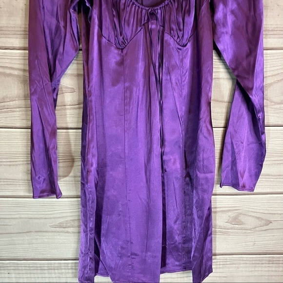 Zara Gathered Satin Mini Long Sleeve Mini Dress in Purple - Picture 6 of 14